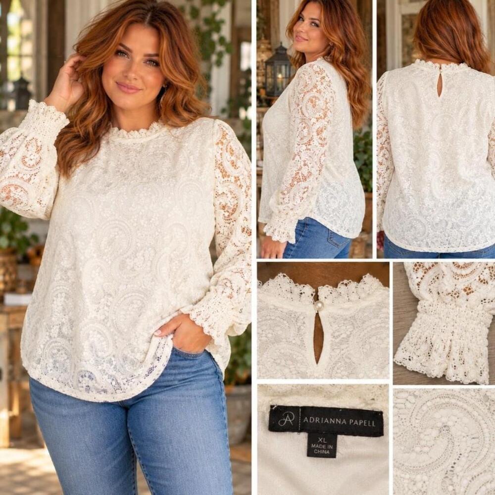 Adrianna Papell white lace blouse ith floral embroidery, size XL